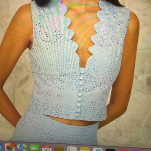 Commense Scalloped Eyelet Sleeveless Blouse in Soft Blue